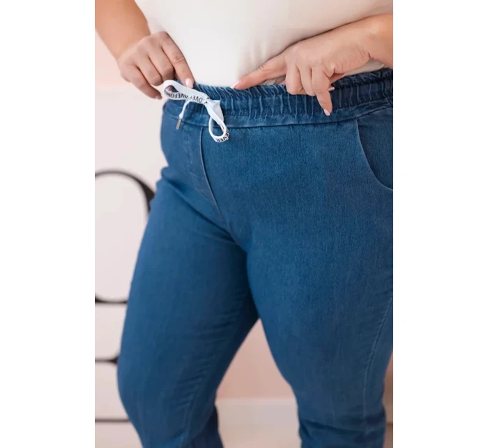 Dámské bavlněné kalhoty Plus Size s elastickým pasem a zavazováním denim Dámské bavlněné kalhoty Plus Size s elastickým pasem a zavazováním denim