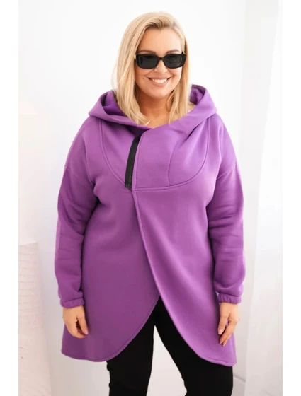Dámská mikina Plus Size zateplená s kapucí a asymetrickým zipem tmavě fialová