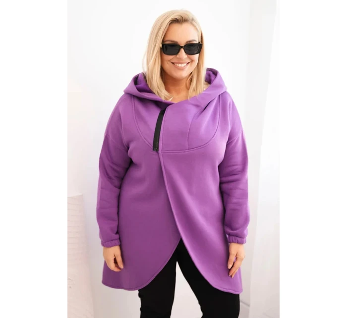 Dámská mikina Plus Size zateplená s kapucí a asymetrickým zipem tmavě fialová