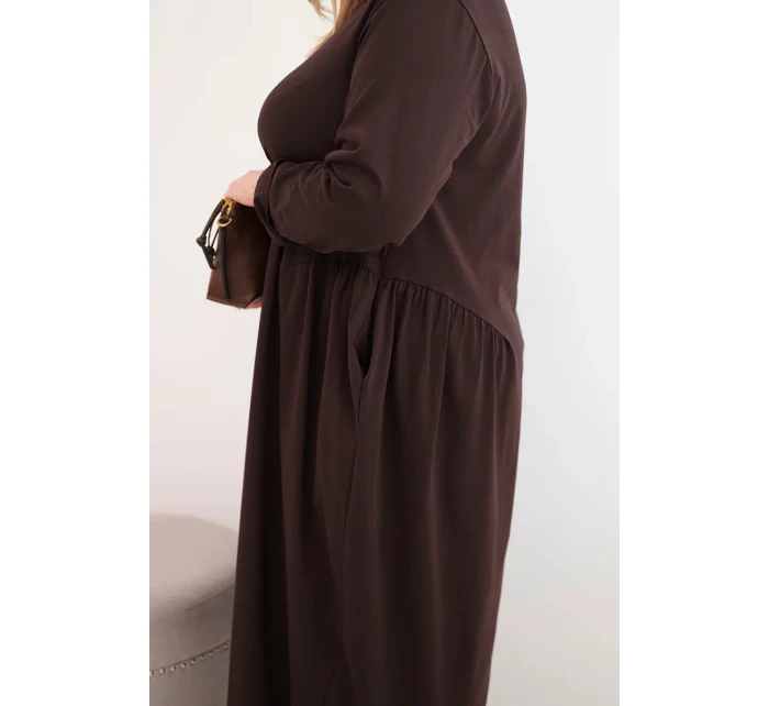 Dámská sukýnka Plus Size bavlněná s dlouhým rukávem a nařasením v pase hnědá
