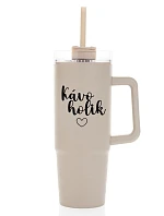 KÁVOHOLIK - béžový cestovní termohrnek s průhledným víčkem 900 ml