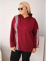 Dámská mikina Plus Size z viskózy s kapucí a ozdobnými pruhy bordó barva