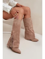 Dámské Kožené Boty Na Podpatku S třásněmi Béžové model 21704788 - Boto