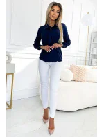 Tmavě modrá dámská halenka s dlouhými rukávy a vázáním ve přední části model 20498595 - numoco