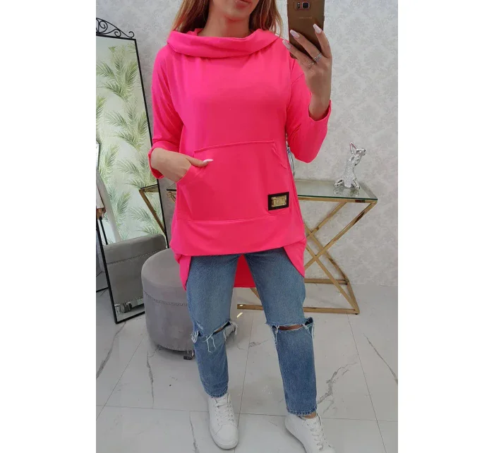 Mikina s dlouhými zády a kapucí růžová neonová Mikina s dlouhými zády a kapucí růžová neonová