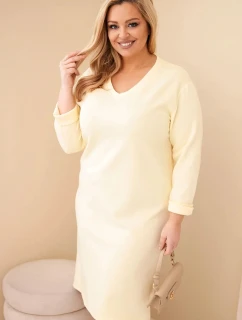 Dámské šaty Plus Size máslové s výstřihem do V a rukávem žlutá