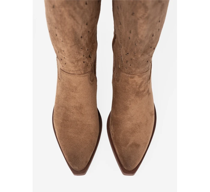 Trendy kozačky hnědé dámské na širokém podpatku Trendy kozačky hnědé dámské na širokém podpatku