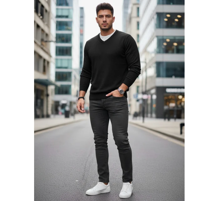 Pánský černý svetr s výstřihem FashionStreet WX2314 Pánský černý svetr s výstřihem FashionStreet WX2314
