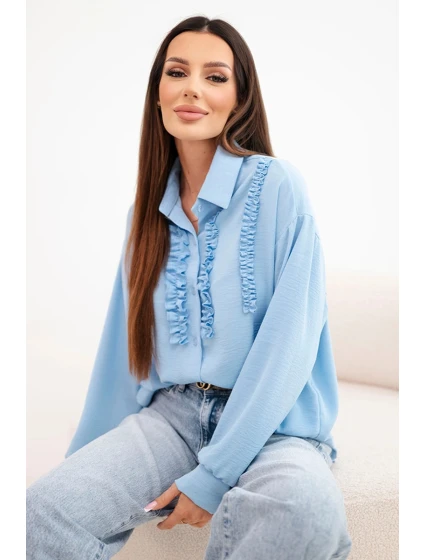 Dámská viskózová košile s dlouhým rukávem a volánky modrá Dámská viskózová košile s dlouhým rukávem a volánky modrá