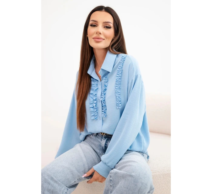 Dámská viskózová košile s dlouhým rukávem a volánky modrá Dámská viskózová košile s dlouhým rukávem a volánky modrá