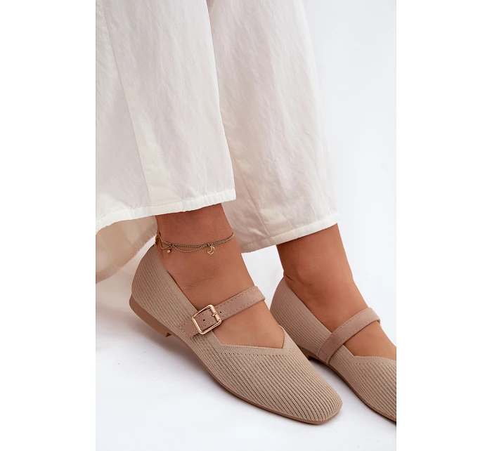 Baletky z pruhovaného materiálu s páskem a sponou tmavě béžové Calvra