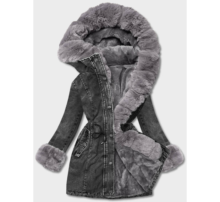 Černo/šedá dámská džínová bunda s kožešinovou podšívkou (B8068-109)