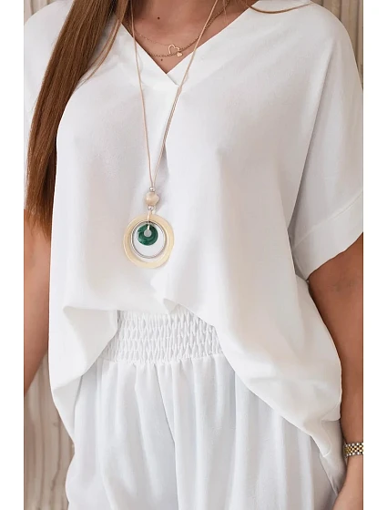 Komplet s náhrdelníkem halenka + kalhoty bílý