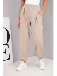 Dámské bavlněné kalhoty s vysokým pasem a ozdobným knoflíkem tmavě béžové