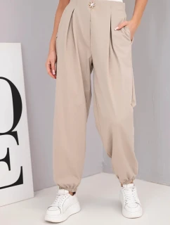 Dámské bavlněné kalhoty s vysokým pasem a ozdobným knoflíkem tmavě béžové