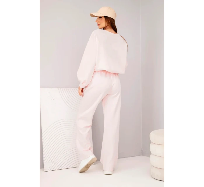 Dámský komplet máslová mikina s broží a kalhoty s rovnými nohavicemi pudrově růžová