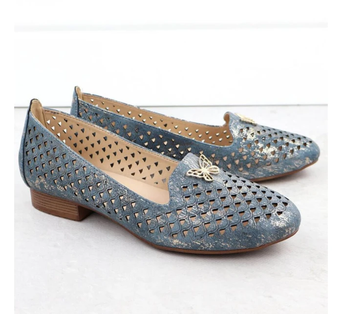 Dámská prolamovaná obuv na nízkém podpatku modrá M.Daszynski SA222-3