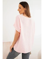 Dámská bavlněná oversize halenka s V výstřihem a krajkou candy pink