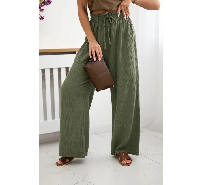 Mušelínové kalhoty se širokou nohavicí khaki