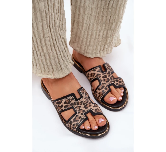 Kožené Ploché Pantofle S Panteřím Vzorem Zazoo 40383 Černé