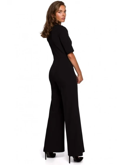 model 15107135 Elegantní overal s vázáním u krku černý - STYLOVE