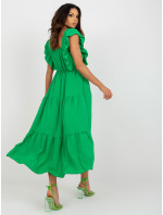 Zelené midi šaty s volánky na rukávech