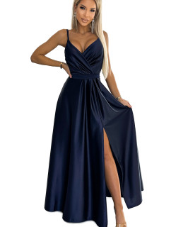 Elegantní dlouhé saténové šaty s výstřihem Numoco JULIET - námořnická modrá