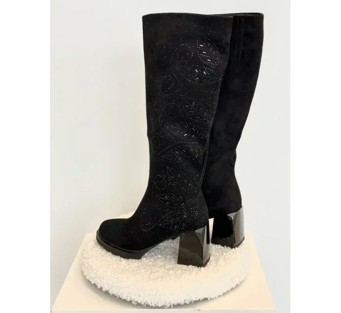 Zdobené Dámské Kozačky Nad Kolena Zateplené Na Sloupku MR880-158 Černé