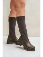 Kozačky s elastickým svrškem na plochém podpatku tmavě zelené Mesidra