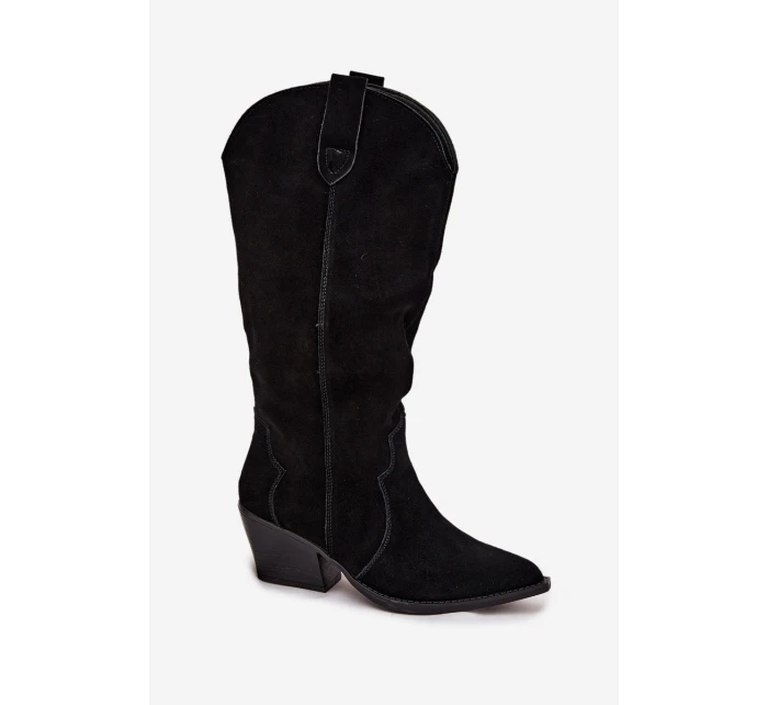 Dámské zateplené kožené semišové cowboy kozačky Urselle – černé Dámské zateplené kožené semišové cowboy kozačky Urselle – černé