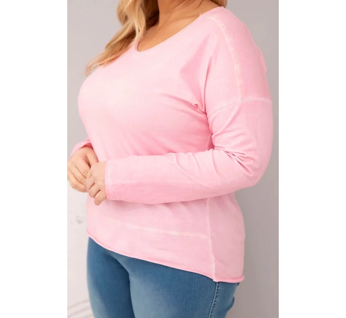 Dámská blůza Plus Size s V výstřihem a delším zadním dílem světle růžová