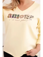 Dámská mikina Plus Size s nápisem a výstřihem do V žlutá Dámská mikina Plus Size s nápisem a výstřihem do V žlutá