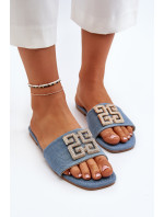 Dámské džínové pantofle na plochém podpatku a zdobení, modrá Inaile