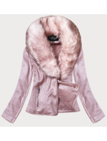 Dámská semišová bunda ramoneska v pudrově růžové barvě s kožešinou (6501BIG)