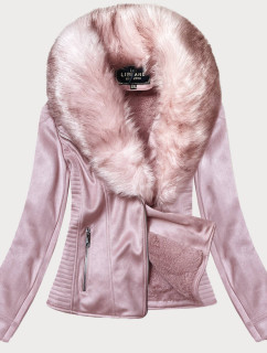 Dámská semišová bunda ramoneska v pudrově růžové barvě s kožešinou (6501BIG)