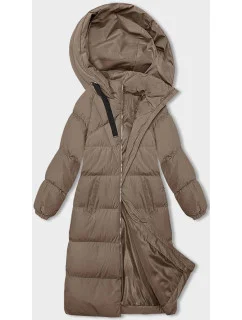 Tmavě béžová dlouhá hrubší dámská bunda s kapucí (5M3163-84)