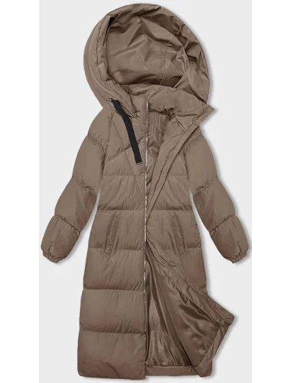Tmavě béžová dlouhá hrubší dámská bunda s kapucí (5M3163-84) Tmavě béžová dlouhá hrubší dámská bunda s kapucí (5M3163-84)