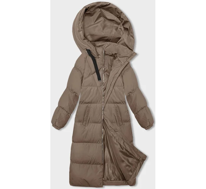 Tmavě béžová dlouhá hrubší dámská bunda s kapucí (5M3163-84) Tmavě béžová dlouhá hrubší dámská bunda s kapucí (5M3163-84)