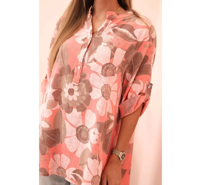 Dámská bavlněná košile s 3/4 rukávem na knoflík a kapsou malinová