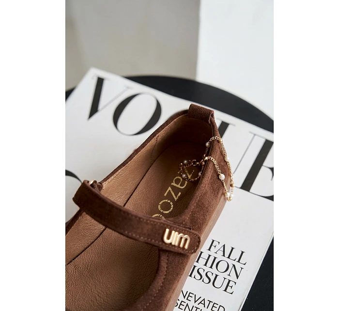 Kožené semišové baleríny Barefoot s páskem Zazoo 10206 Čokoládové