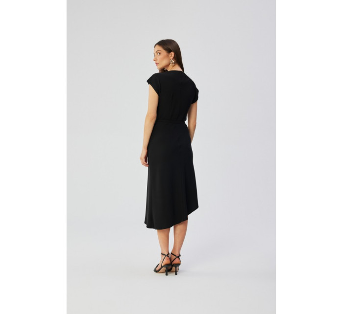 S362 Asymetrické pouzdrové šaty s kapucí - černé