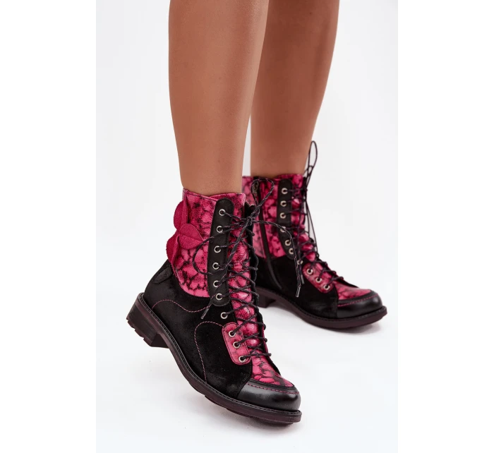 Kožené dámské boty z pravé kůže na nízkém podpatku Maciejka – černo-růžové