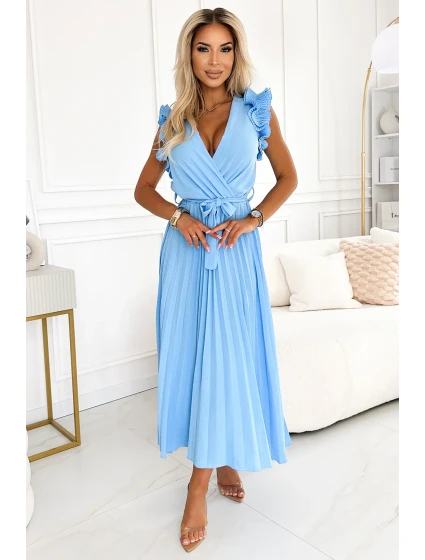 543-2 Plisované midi šaty s výstřihem a jemnými volánky - MODRÉ 543-2 Plisované midi šaty s výstřihem a jemnými volánky - MODRÉ