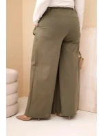 Dámské kalhoty Plus Size s širokou nohavicí a ozdobným květem v pase khaki