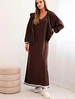 Dámský komplet s viskózou se zapínací blůzou a dlouhou sukni hnědý