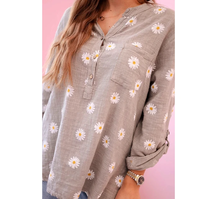 Lněná dámská halenka s květinovým vzorem, dlouhými rukávy a knoflíky kapučíno
