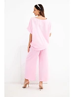 Dámský viskózový komplet halenka s krátkým rukávem a kalhoty se širokou nohavicí cukrově růžová