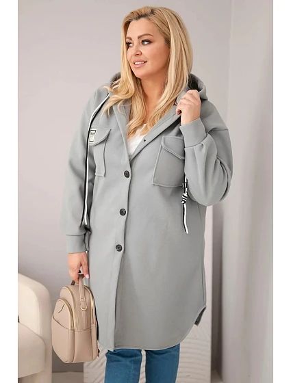 Dámský plášť Plus Size s kapucí zapínaný na knoflíky šedý Dámský plášť Plus Size s kapucí zapínaný na knoflíky šedý