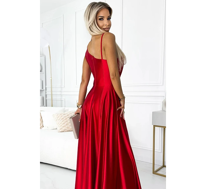 Dlouhé saténové šaty 524-1 červené - Numoco Dlouhé saténové šaty 524-1 červené - Numoco