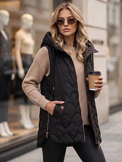 Kamizelka damska długa pikowana z kapturem czarna model 22342254 - FashionStreet